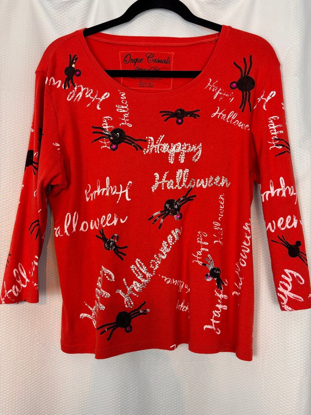 Onque Casuals sequence spider Happy Halloween three quarter sleeve top size L